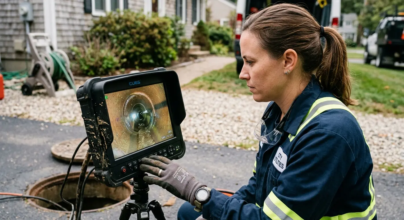 Technician reviewing sewer camera inspection footage in Willow Springs