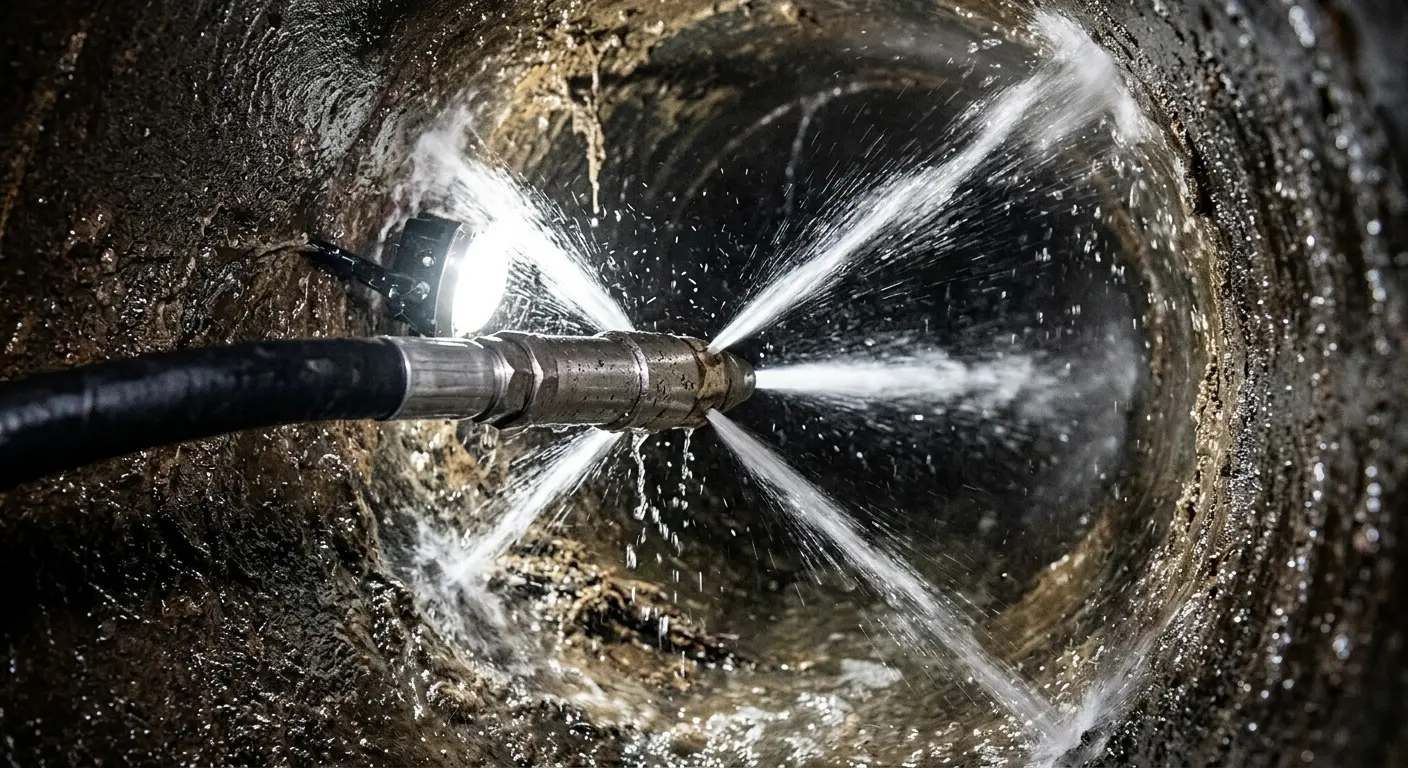 High-pressure hydro jetting nozzle cleaning sewer pipe for Emergency Drain Service in Willow Springs