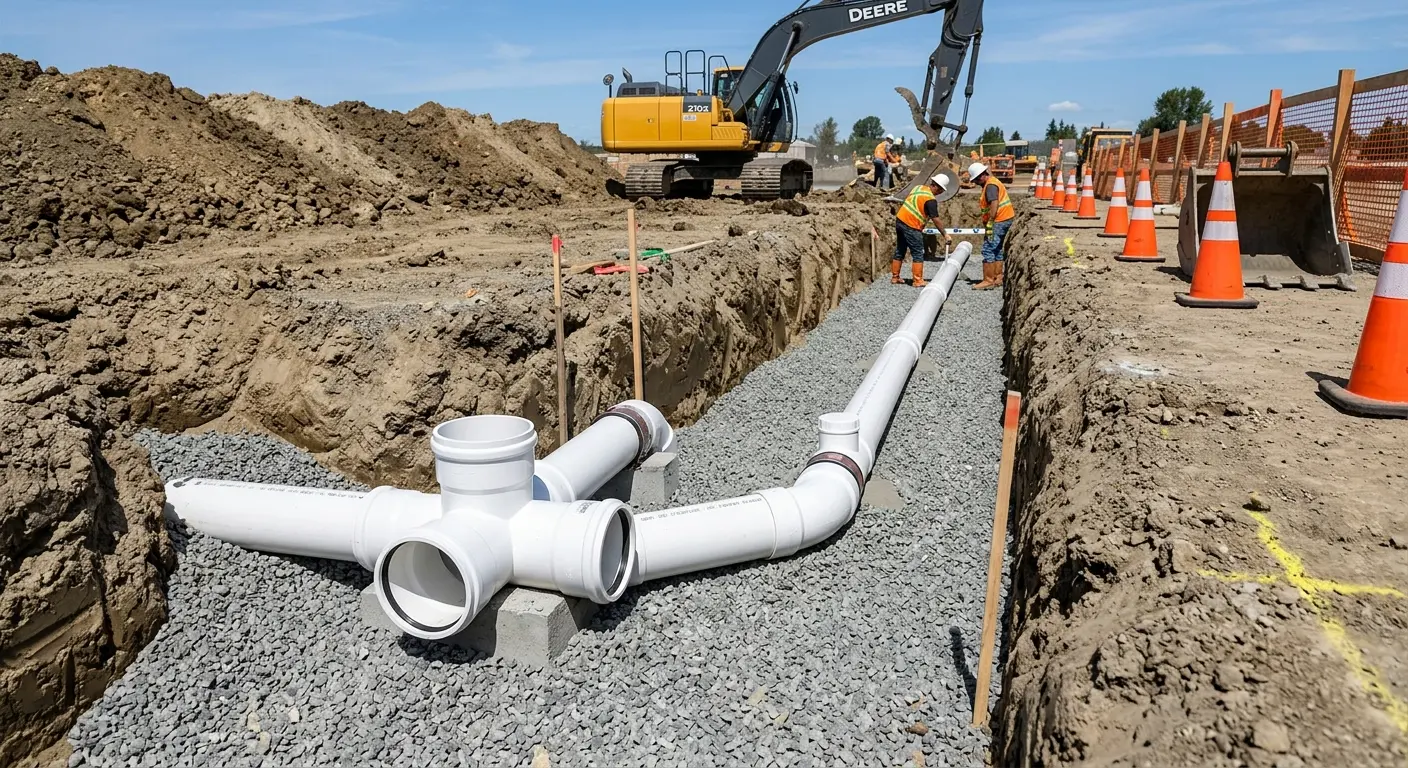 New PVC sewer pipe installation in open trench for Sewer Backup in Willow Springs
