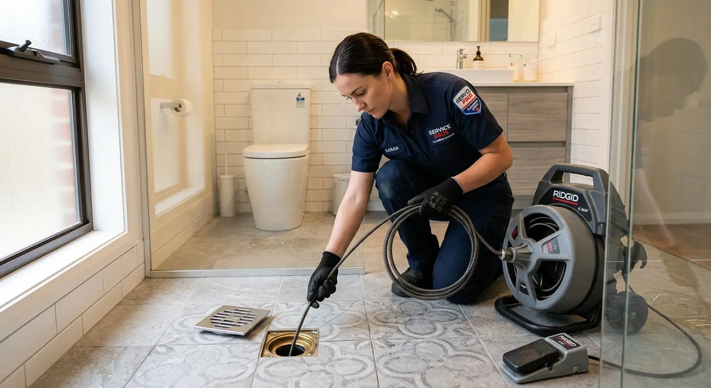 Technician clearing a bathroom floor drain for Clogged Drain Repair in Willow Springs